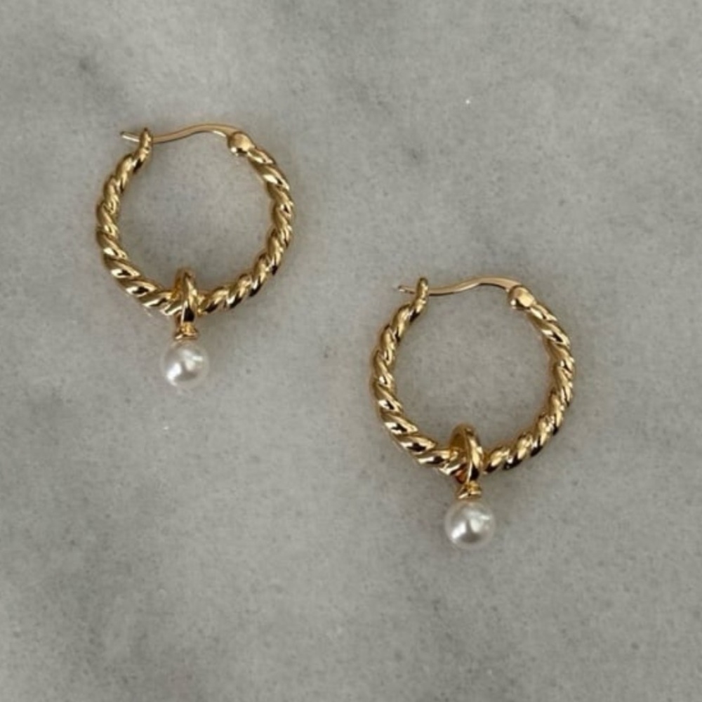 Gold Twist Pearl Dangle Hoop Earrings 

Brand New